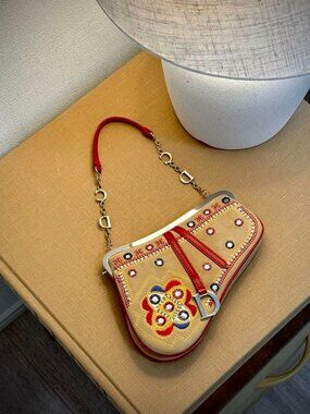 Dior Beige Red Suede Saddle Handbag